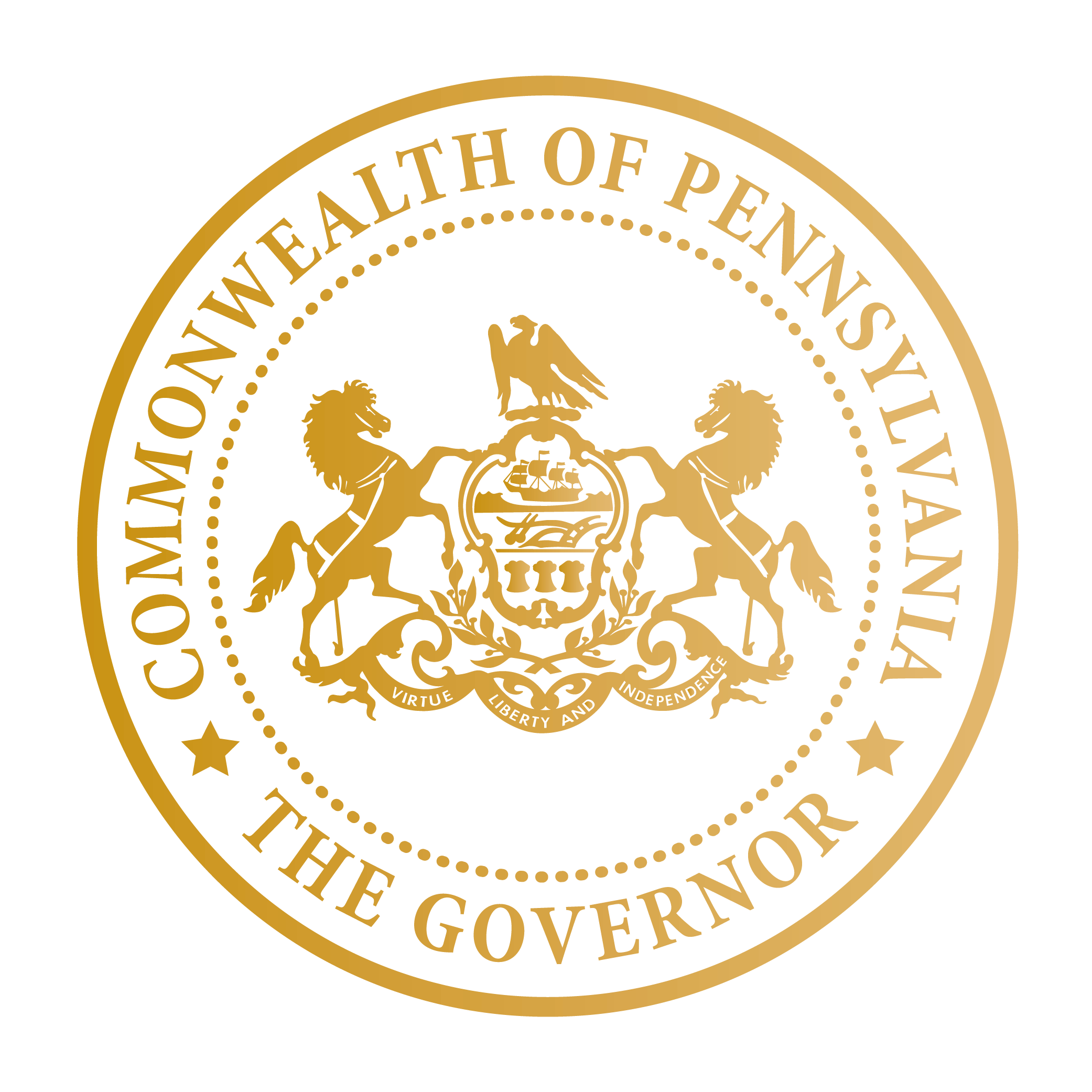 The seal of the Office of the Governor of the Commonwealth of Pennsylvania reading those words around a picture of two horses all in gold