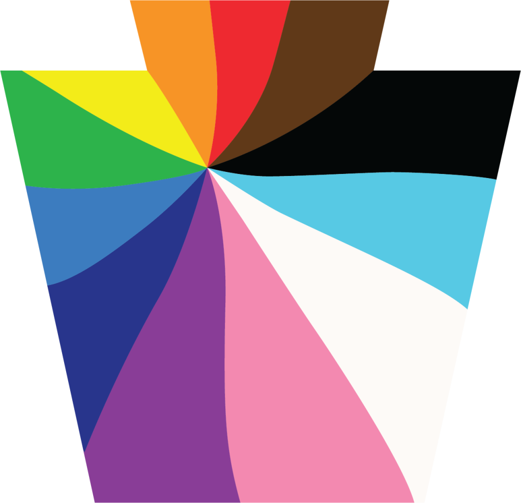Logo of the Governor's Advisory Commission on LGBTQ Affairs. The logo is in the shape of keystone with a pride rainbow swirl filling the keystone shape. 