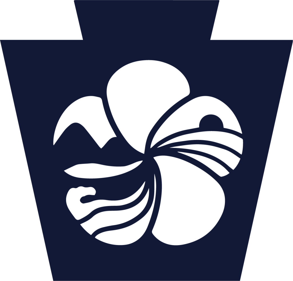 Logo of the Governor's Advisory Commission on AAPI Affairs. The logo is in the shape of keystone with a hibiscus flower in the center. Inside the hibiscus flower are mountains, a sunsent over a hill, and water - representing the landscape of PA 