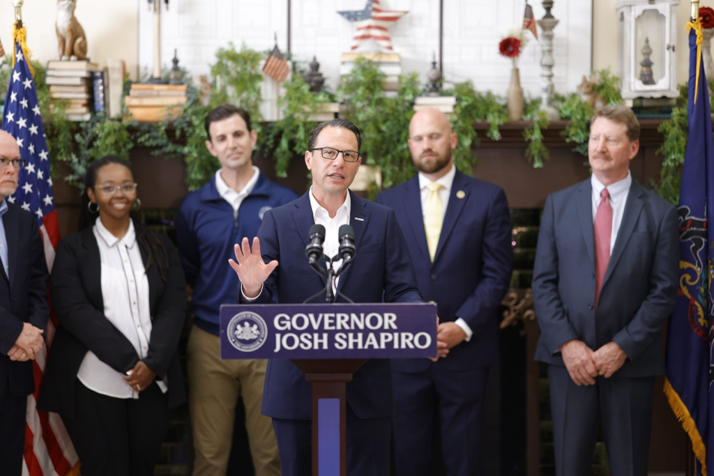 Governor Shapiro speaks at a press conference in Beaver Falls, PA with local elected officials and community members announcing plans to use more than $1.16 billion in federal funds the Commonwealth will receive to expand broadband and ensure every Pennsylvanian can access the internet